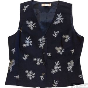 Vest Embroidered Vintage 90s 14 Black White Floral Casual Corner